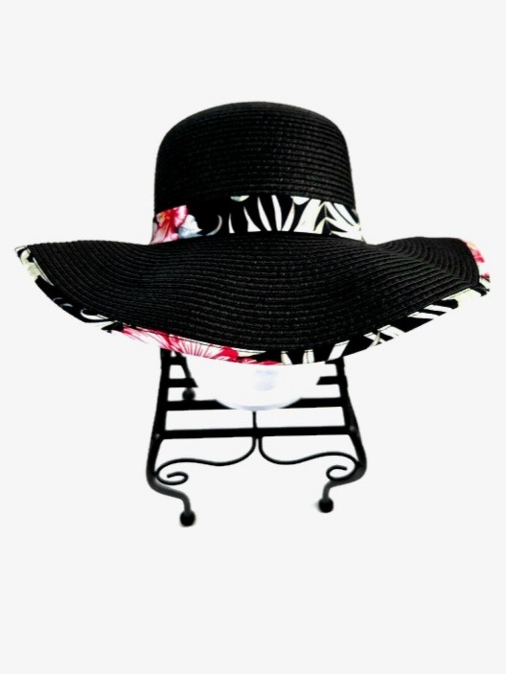 K Accessories Black Tropical Floral Print Wide Brim Floppy Sun Hat Womens OSFM - Picture 3 of 8